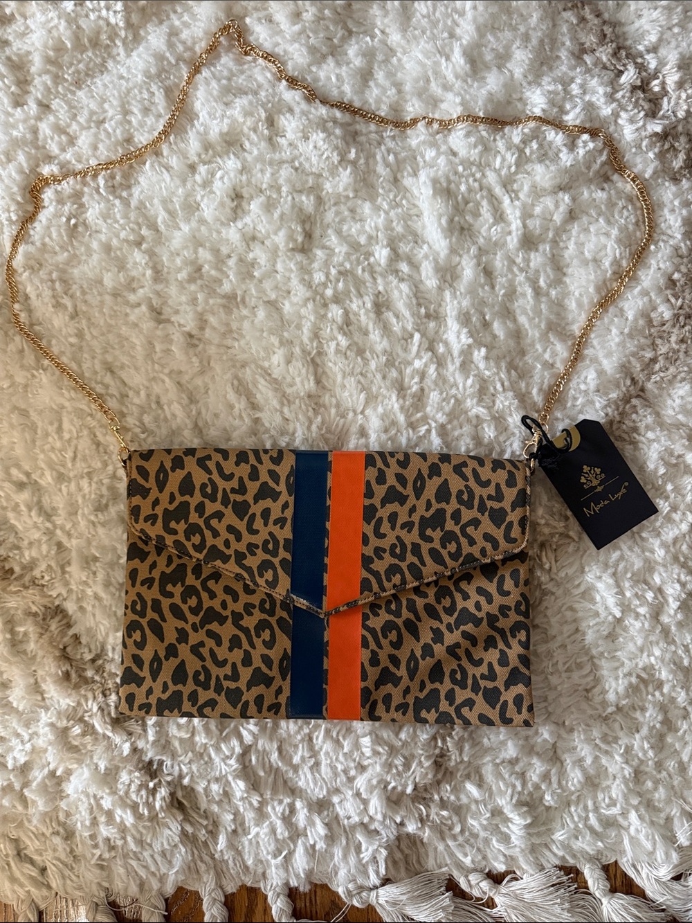 Moda Luxe Leopard Crossbody/Clutch with Navy & Orange Stripes